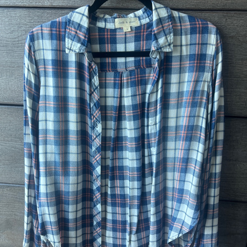 Cloth & Stone Navy and Coral Plaid Shirt